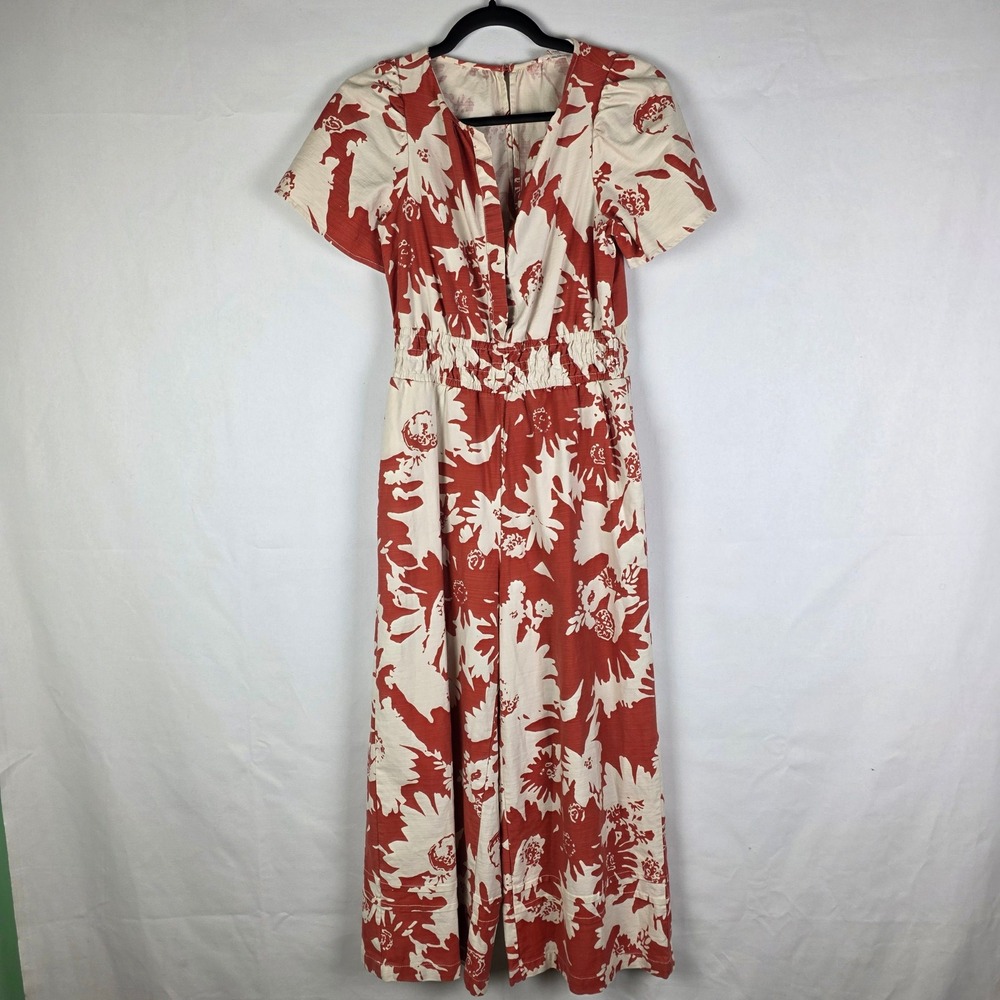 Anthropologie Rust Floral Wide Leg Jumpsuit XXS V-Neck Smocked Waist OB1673099 - Picture 2 of 9